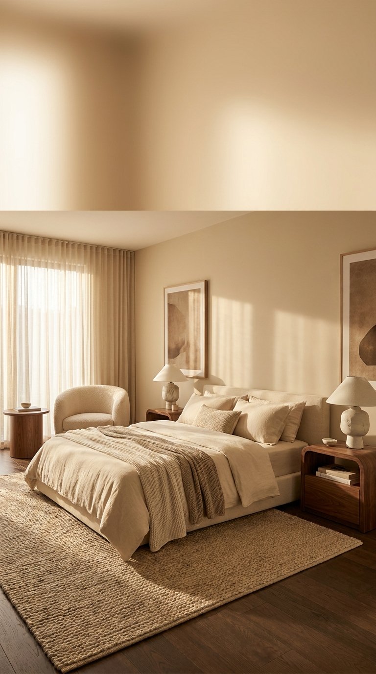 Modern luxury bedroom with curved plaster walls, organic shaped green velvet bed, and travertine furniture showcasing 2026 bio-luxe decor trends.