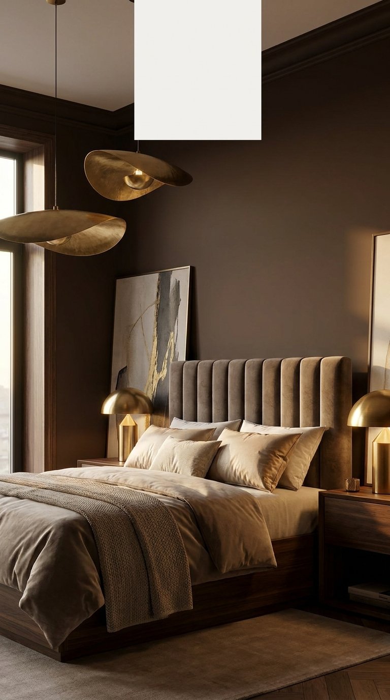 Monochromatic terracotta bedroom with layered earth-toned textiles and copper accents, illustrating 2026 color drenching trends.