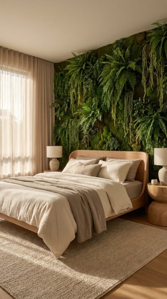 Modern bedroom with a lush vertical indoor garden wall and organic wooden furniture.