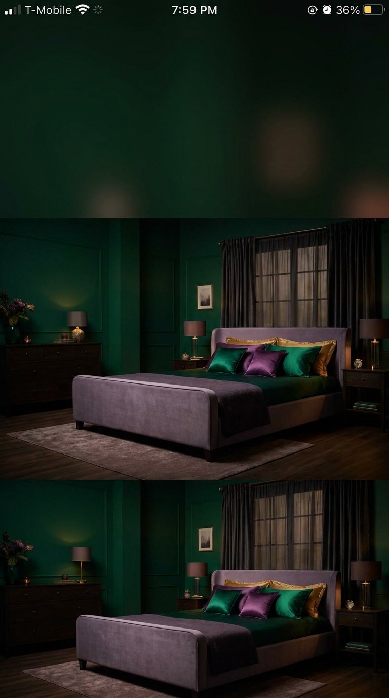 Color-drenched bedroom in emerald green and lavender with rich velvet textures.