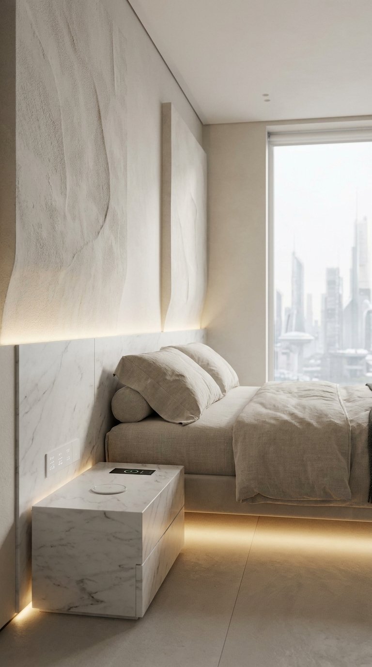 Minimalist bedroom featuring hidden smart technology and aesthetic acoustic wall panels.
