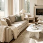 Luxurious living room with layered textures, linen sofa, marble table, and natural lighting.