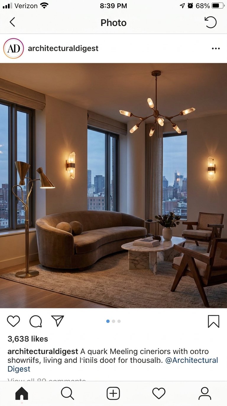 Modern living room featuring layered lighting, a brass floor lamp, and a designer chandelier.