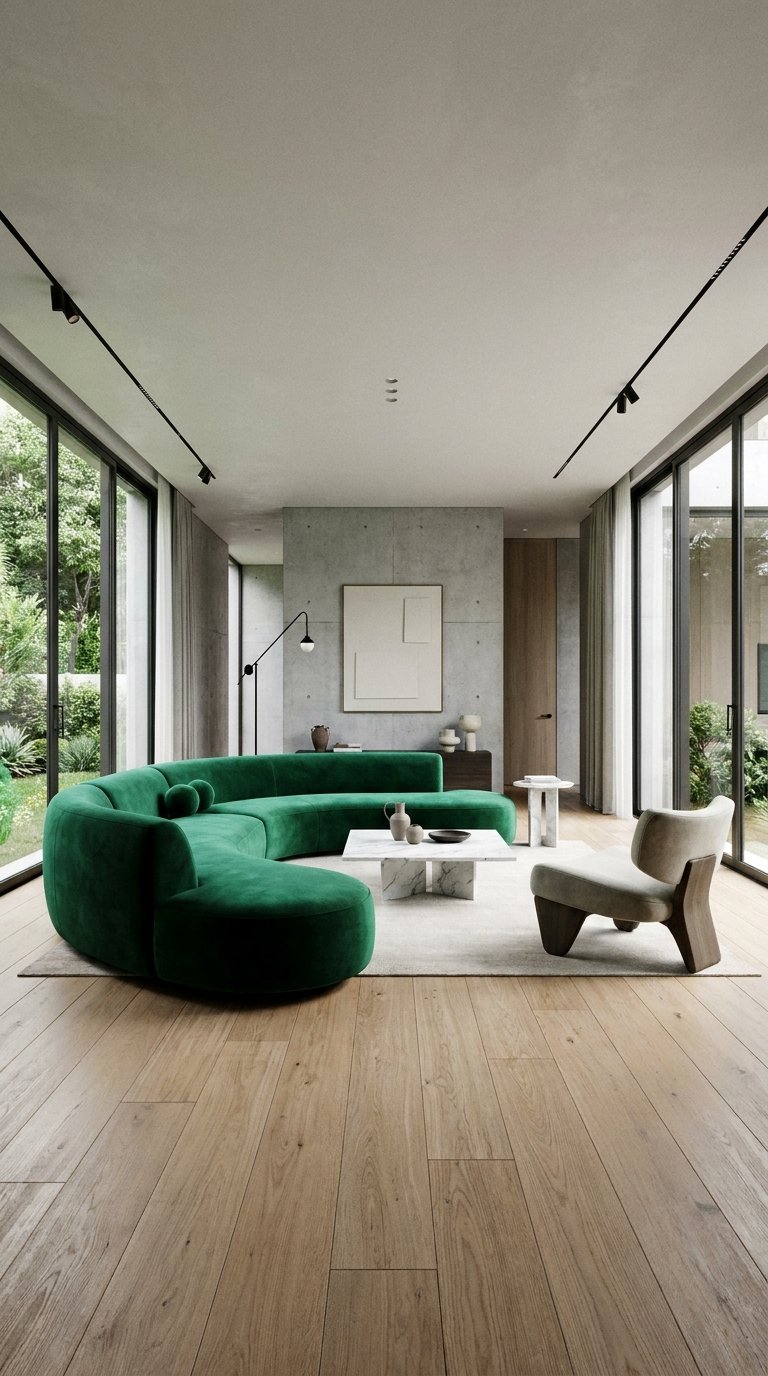 Contemporary living room with a bold emerald green velvet sofa as a centerpiece.
