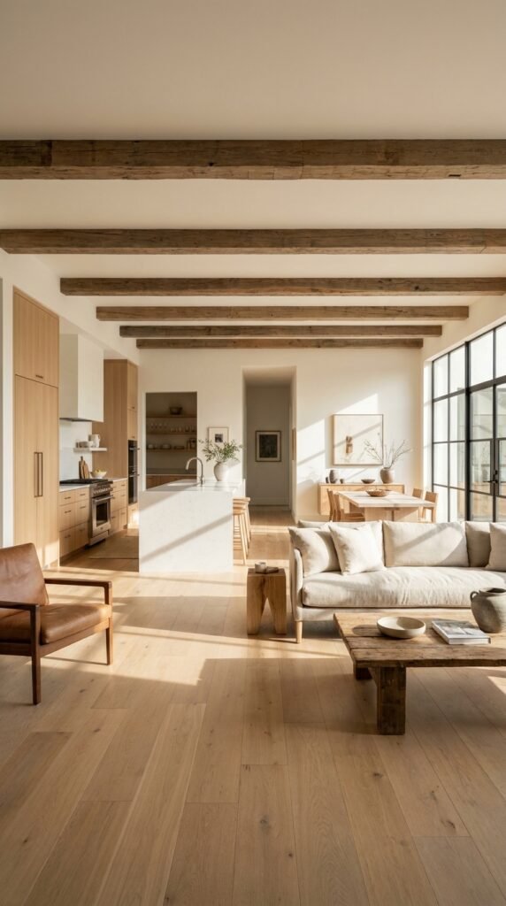 Open concept living room and kitchen with continuous light oak flooring and wooden ceiling beams.
