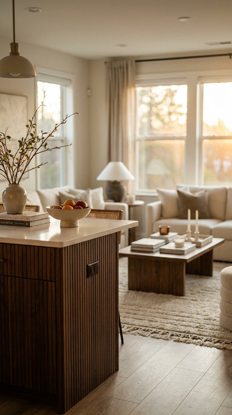 Matching walnut wood kitchen island and living room furniture for a cohesive interior design.