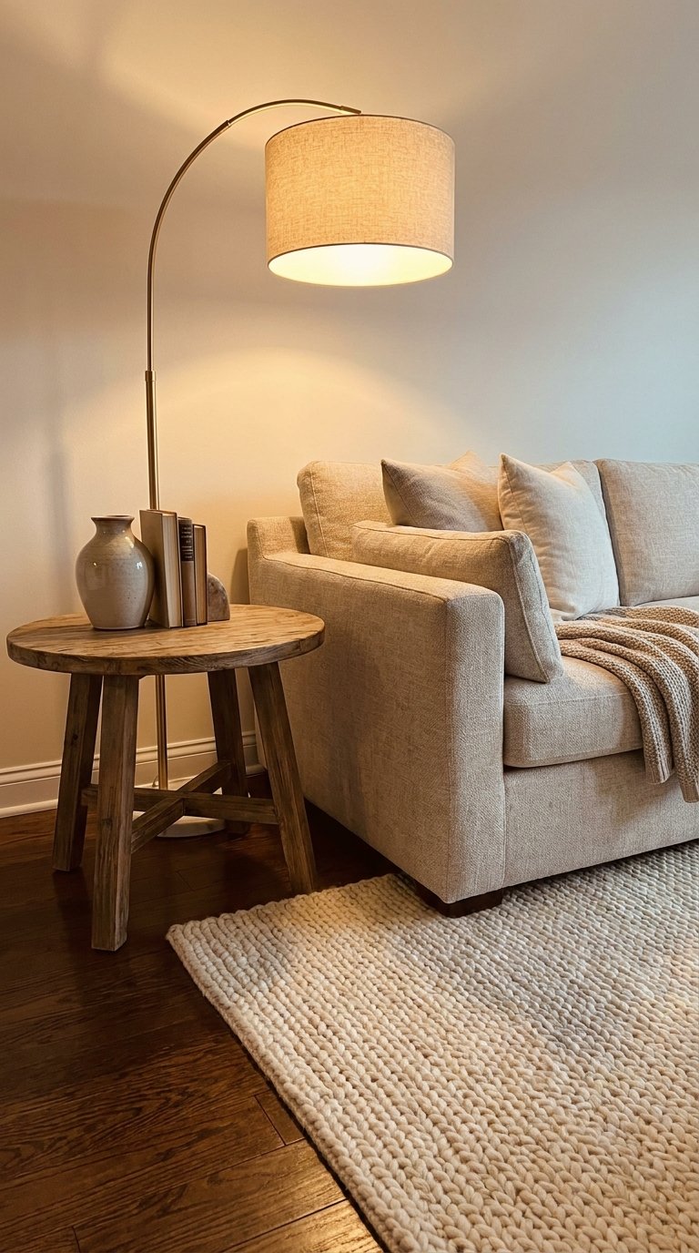 Cozy living room corner with wood furniture, wool rug, and warm ambient lighting.