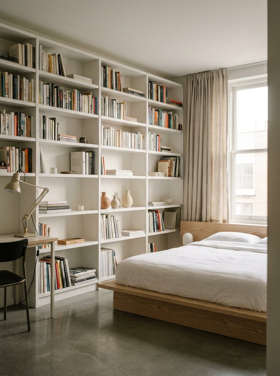 Small bedroom with vertical floor-to-ceiling white shelving and minimalist decor.