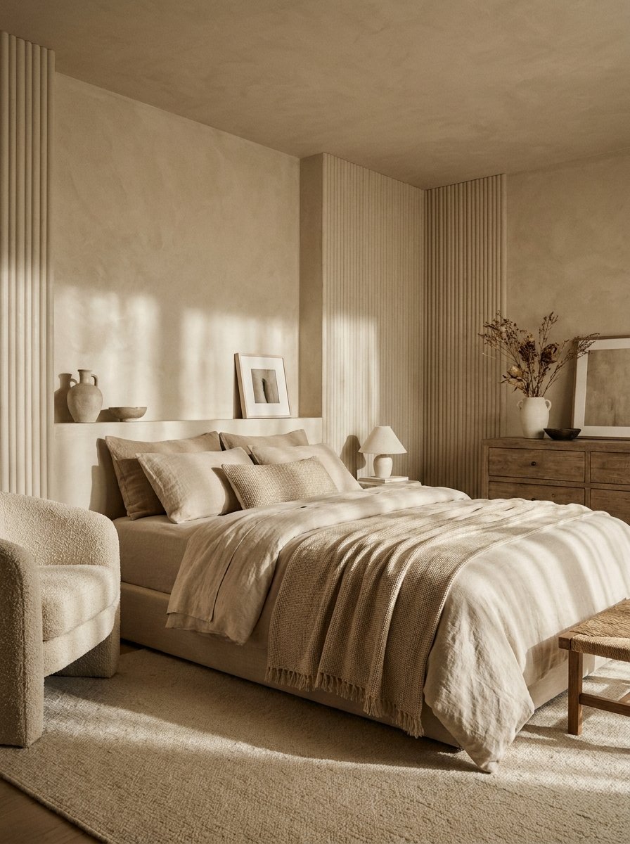 Monochromatic beige small bedroom with layered textures and linen bedding.