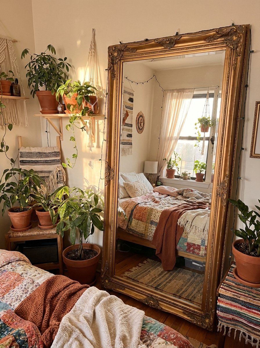 Large floor mirror in a small bedroom reflecting natural light and cozy decor.
