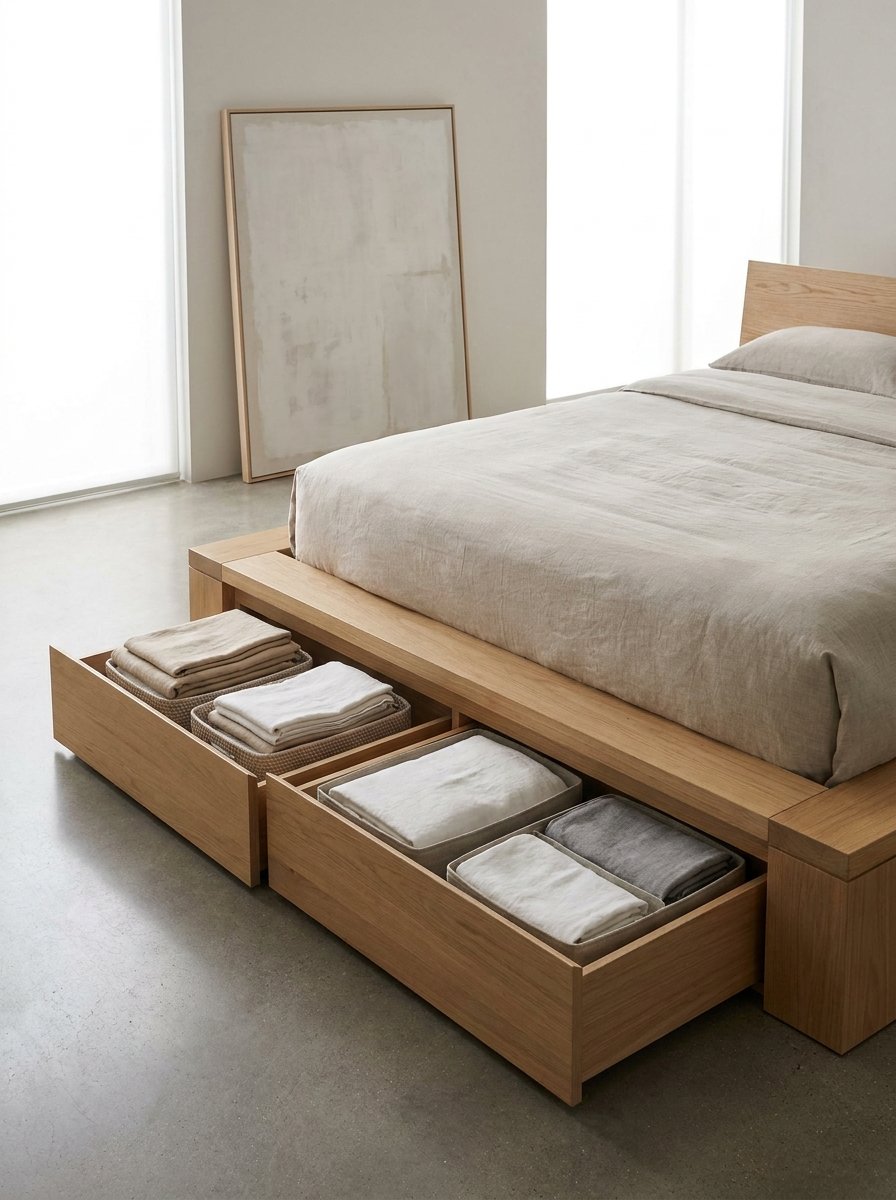 Modern bed frame with built-in storage drawers for small space organization.
