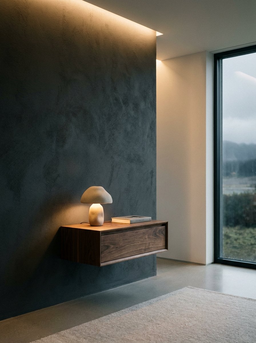 Minimalist wooden floating nightstand on a dark wall in a small bedroom.