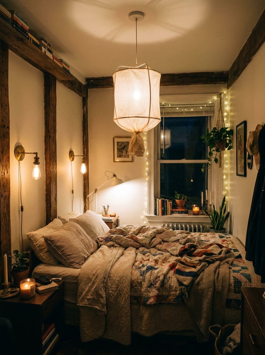 Small bedroom with layered lighting including wall sconces and pendant lamp.