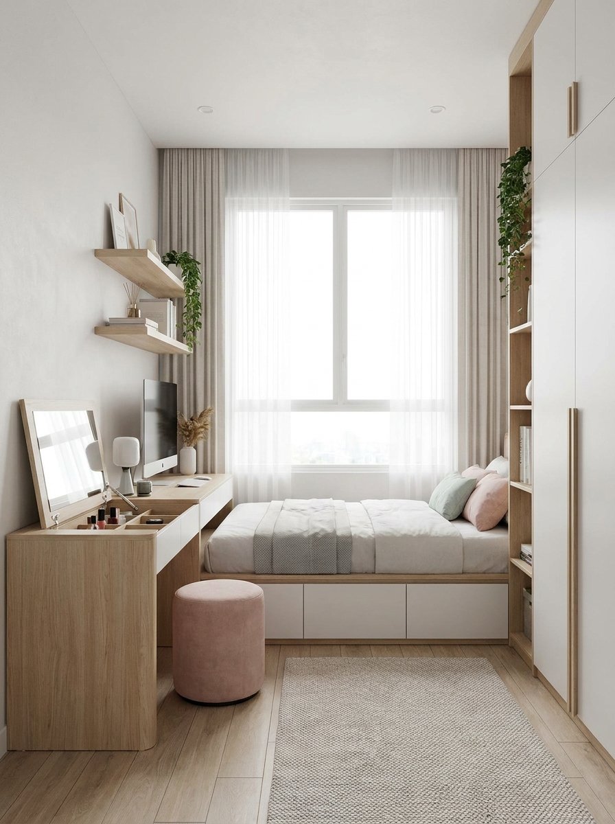 Multi-functional desk and vanity furniture in a small bright bedroom.