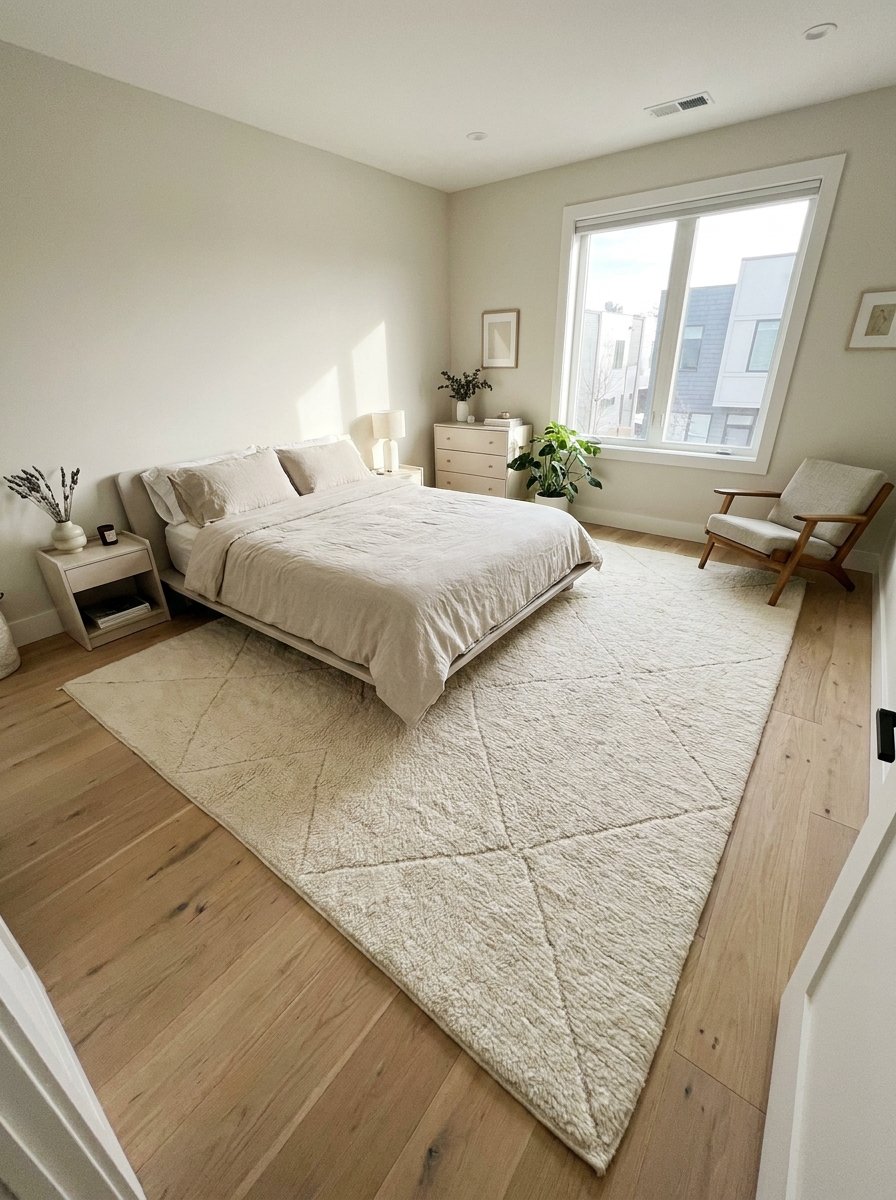 Large area rug under a bed in a small room to create an expansive feel.