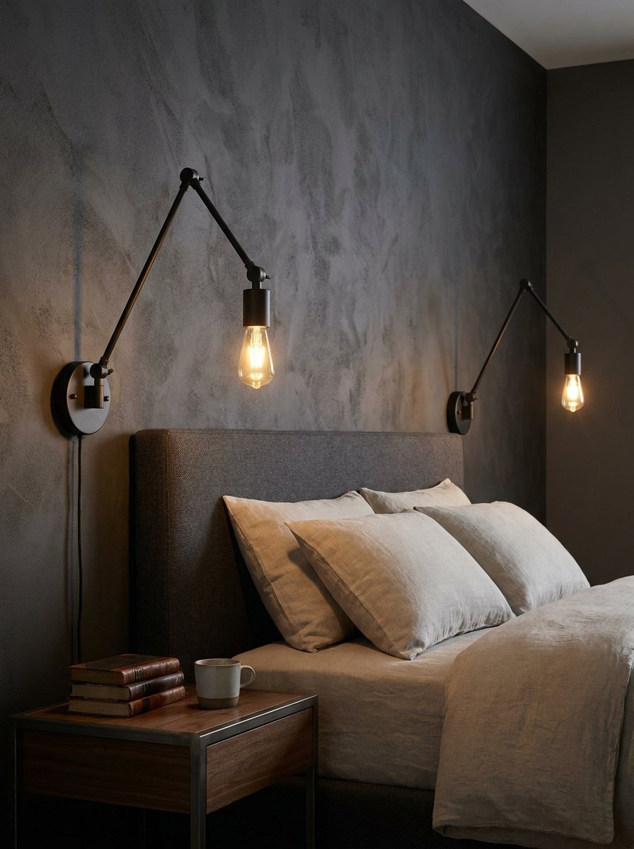 Adjustable black wall sconces mounted beside a bed in a small room.