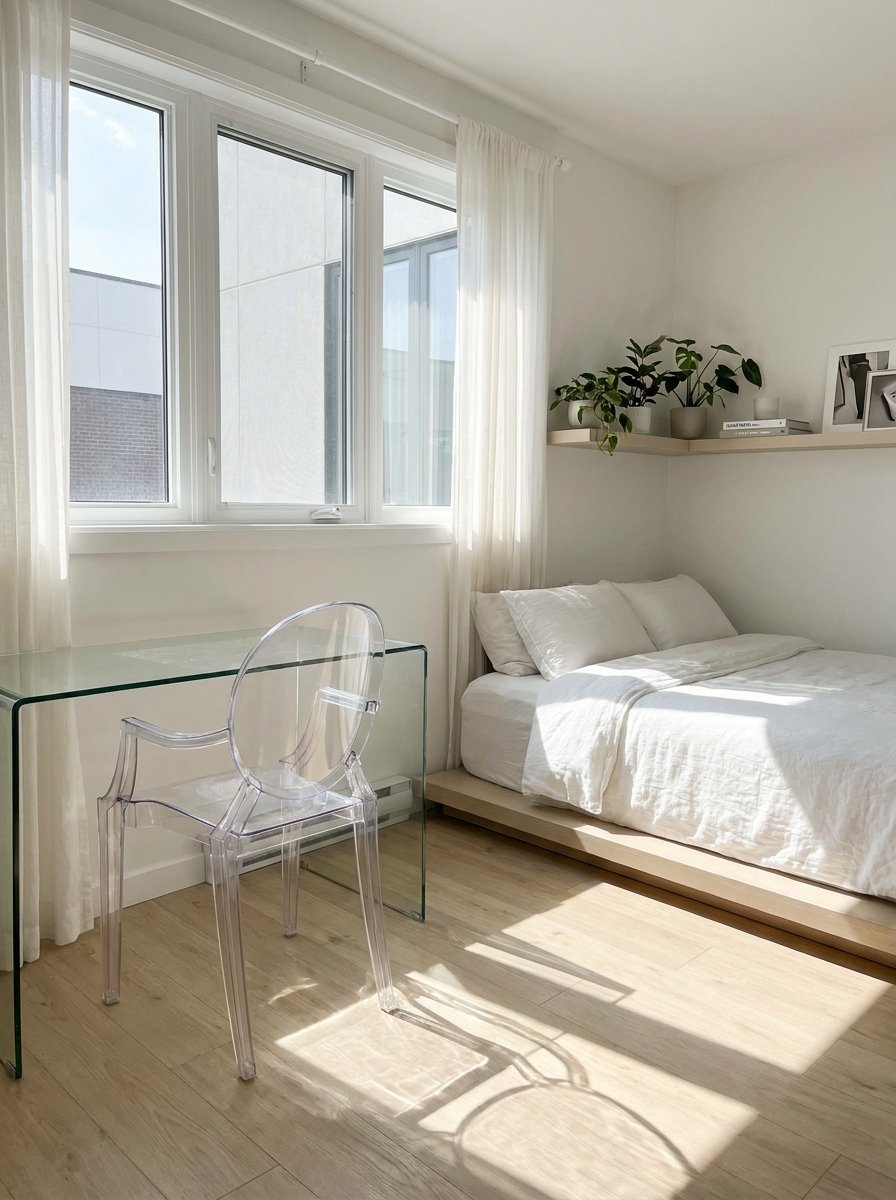Transparent acrylic chair and glass desk in a small modern bedroom.