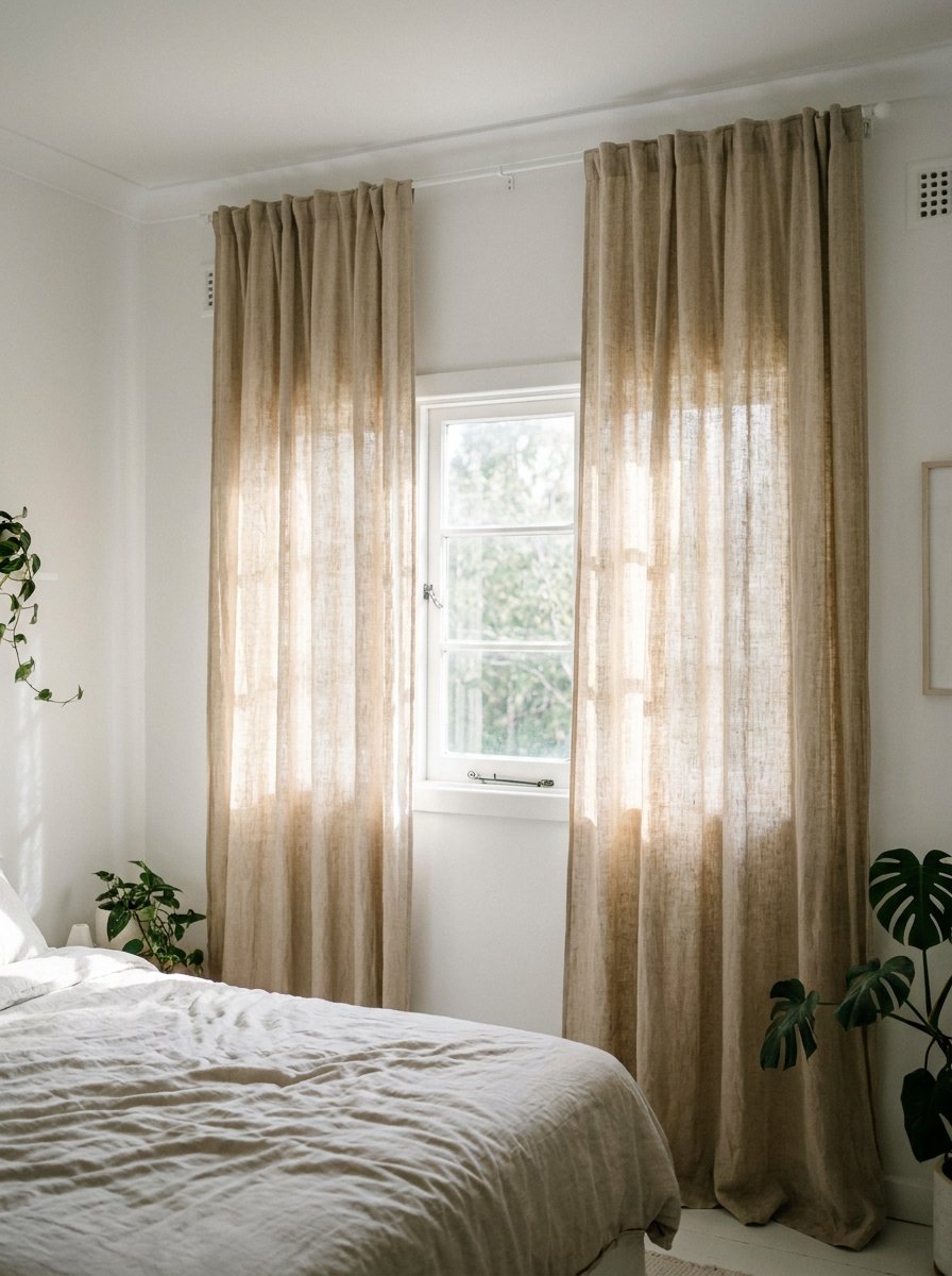 High-mounted linen curtains in a small bedroom to create height.