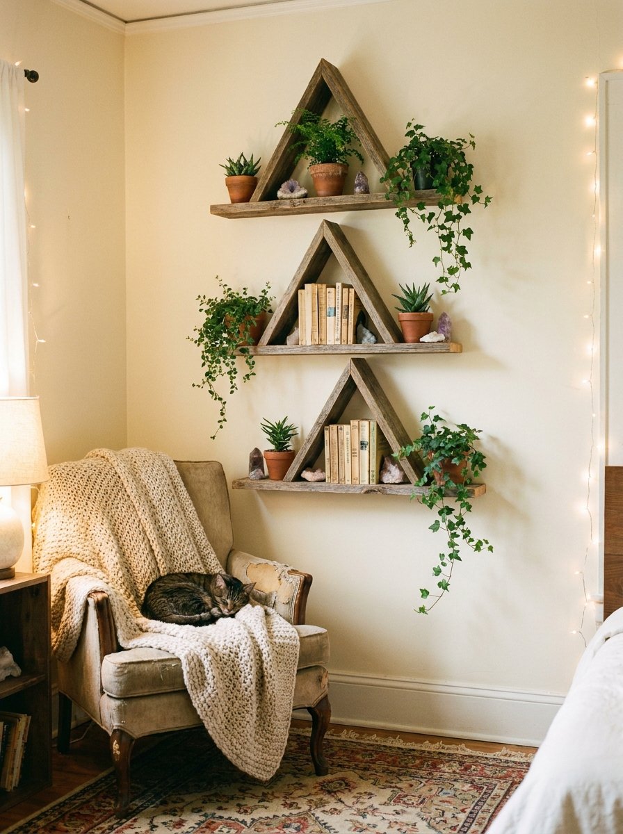 Floating corner shelves in a small bedroom with plants and books.