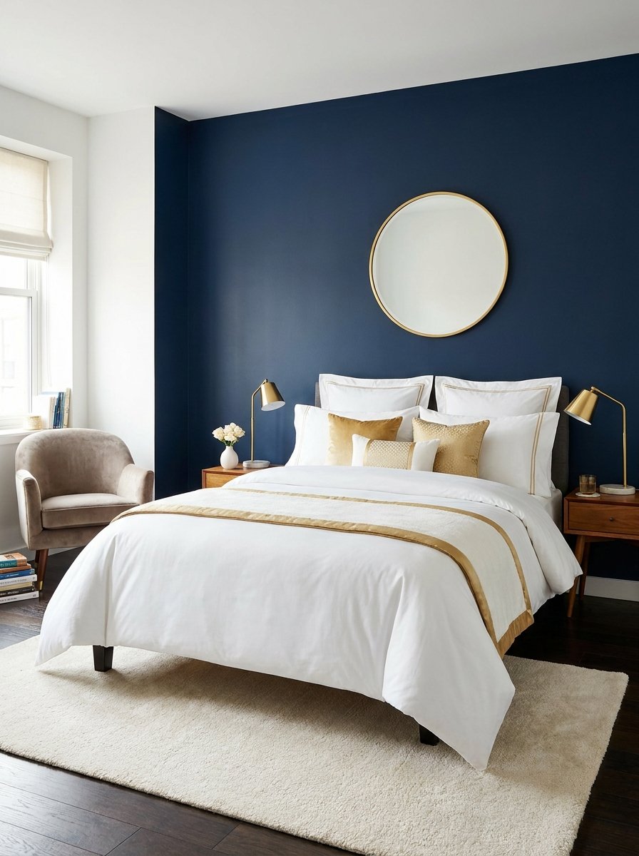 Small bedroom with a navy blue focal wall behind the headboard.