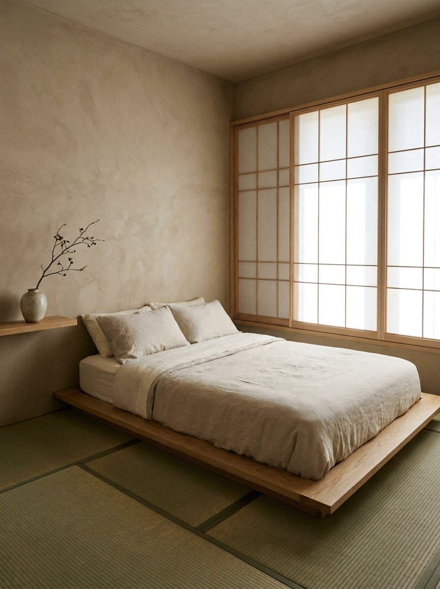 Low-profile platform bed in a minimalist small bedroom.