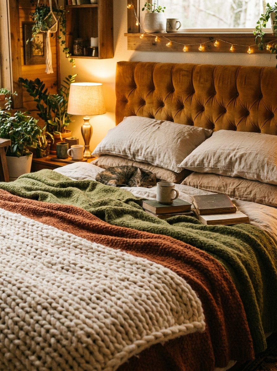 Layered textures including chunky knit and velvet in a cozy small bedroom.