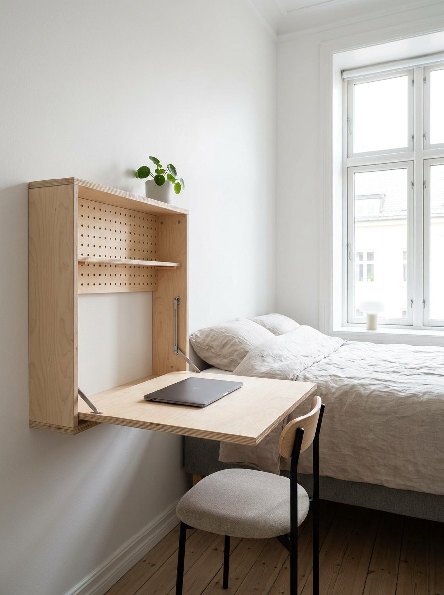 Wall-mounted fold-down desk for space-saving in a small bedroom.