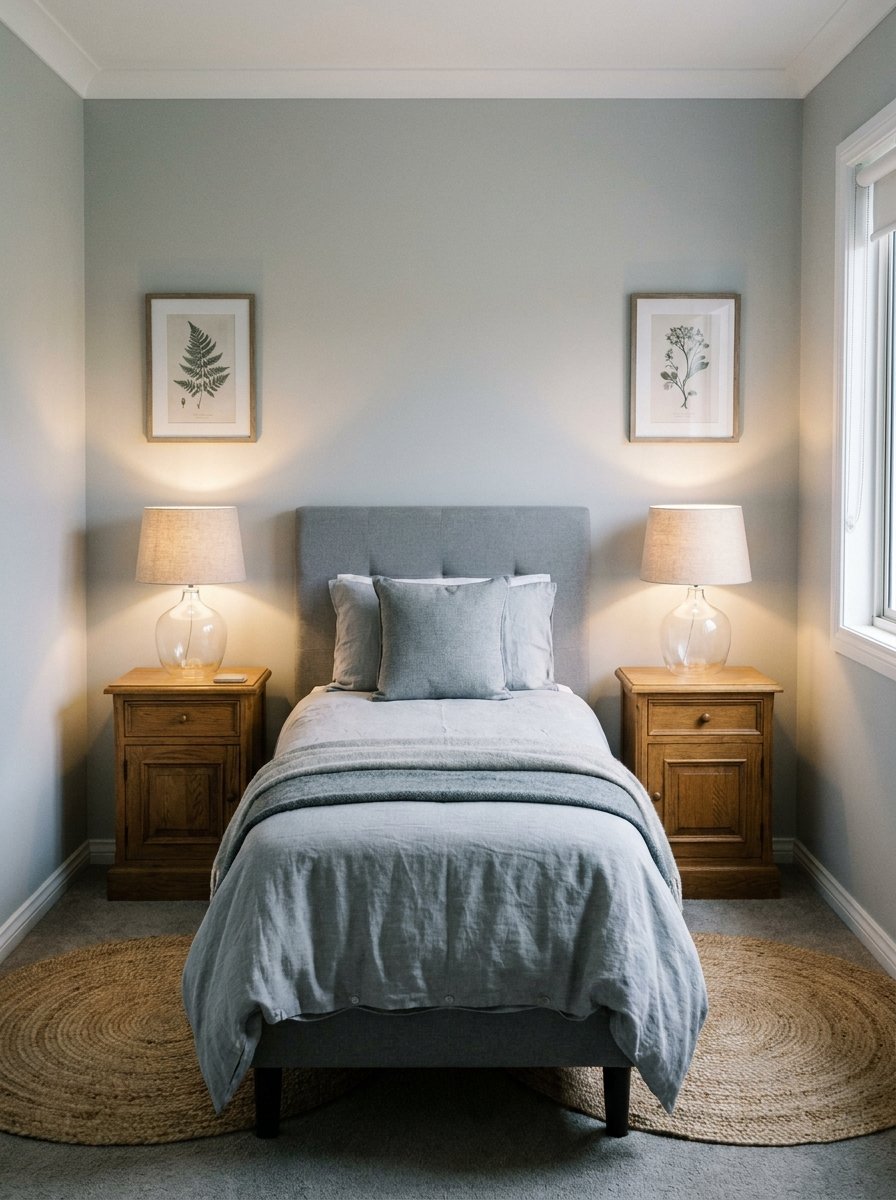 Symmetrical bedroom layout with matching nightstands in a small space.