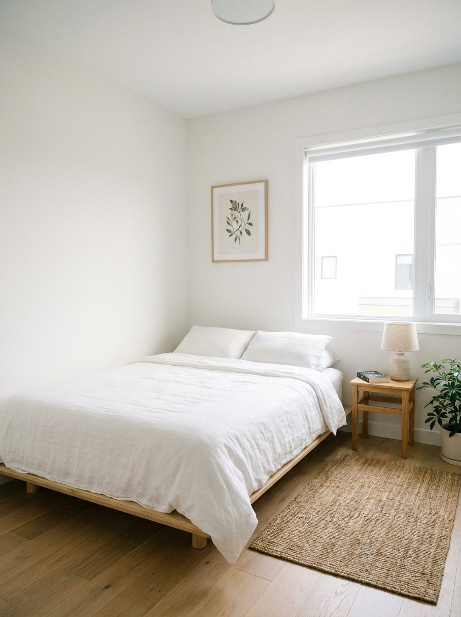 Decluttered and organized minimalist small bedroom with white walls.