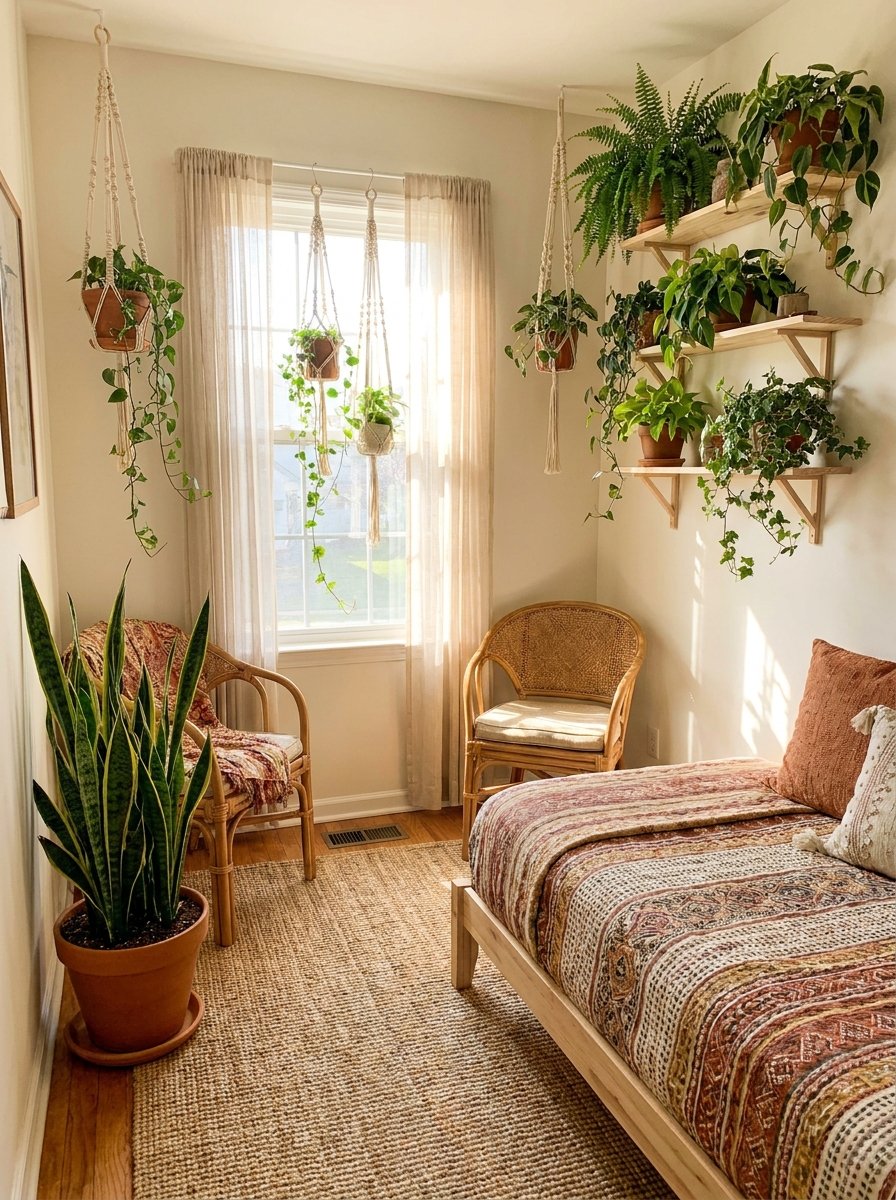 Small bedroom with indoor plants and hanging macrame planters.
