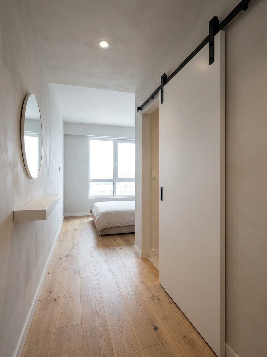 Modern white sliding barn door in a small bedroom to save space.