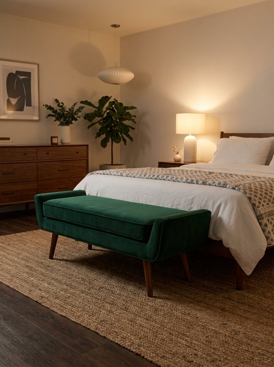 Upholstered bench at the foot of the bed in a small bedroom.