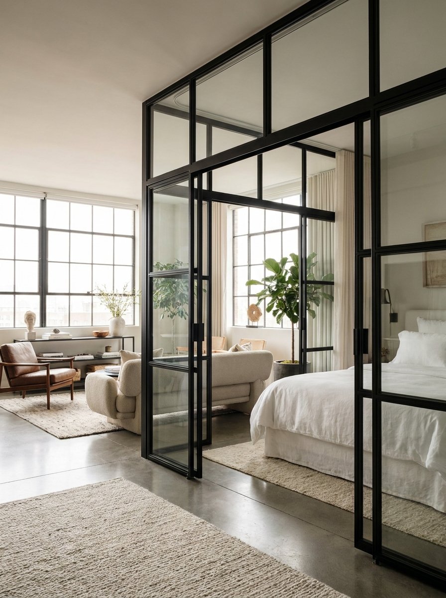 Modern studio apartment layout with a black metal glass partition and neutral bedroom decor.