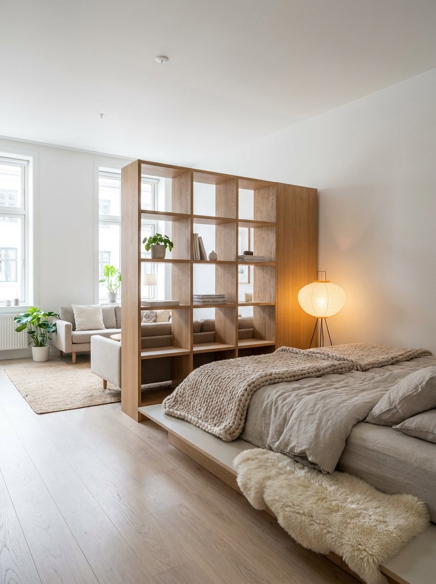Scandi-style studio apartment divider using an open bookshelf to separate the sleeping area.