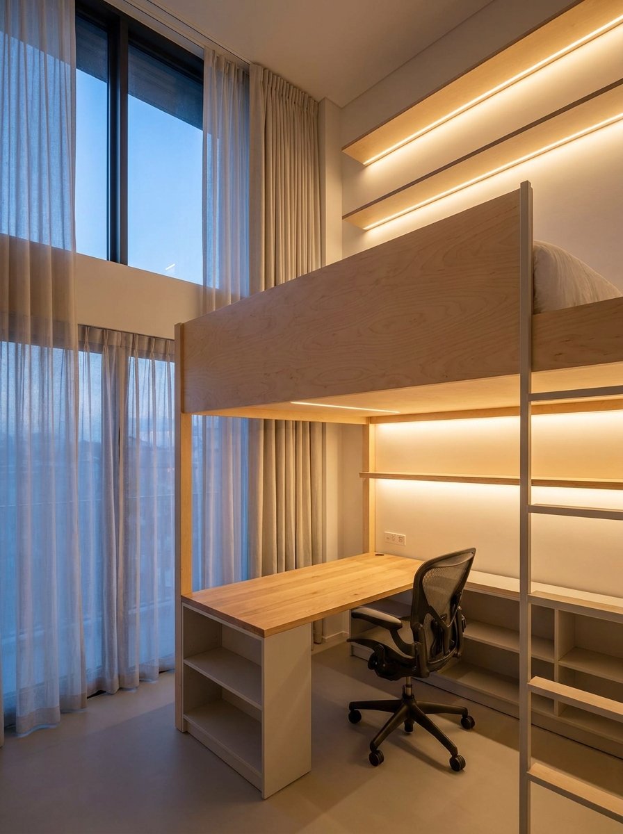 Space-saving loft bed layout in a studio apartment with a home office underneath.