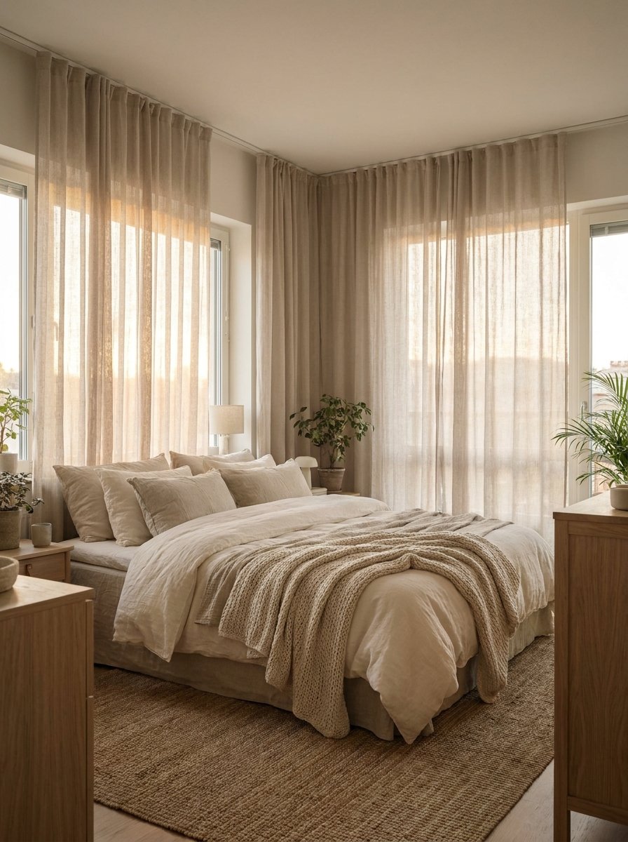 Bedroom area in a studio apartment enclosed by soft linen floor-to-ceiling curtains.