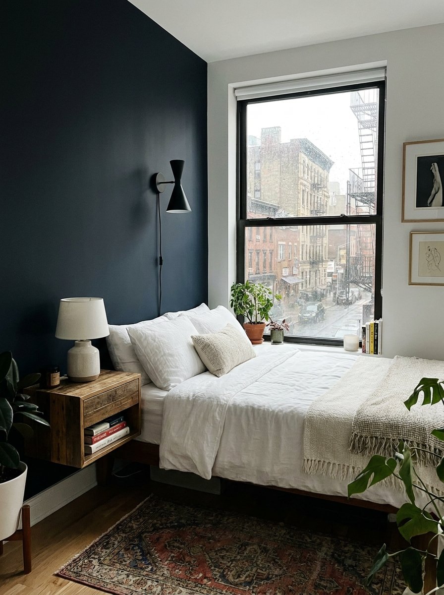 Studio apartment bedroom corner with a dark navy accent wall and modern decor.