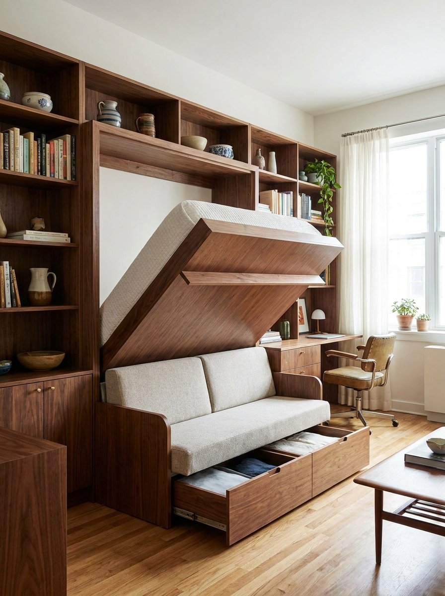 Luxury Murphy bed system in a studio apartment showing space-saving furniture design.