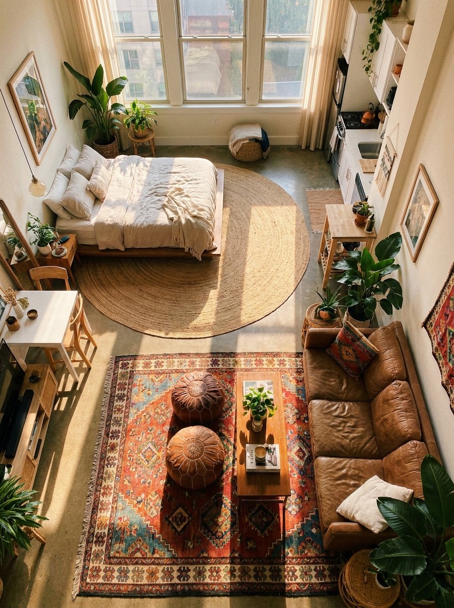 Using area rugs to zone a studio apartment bedroom and living space.