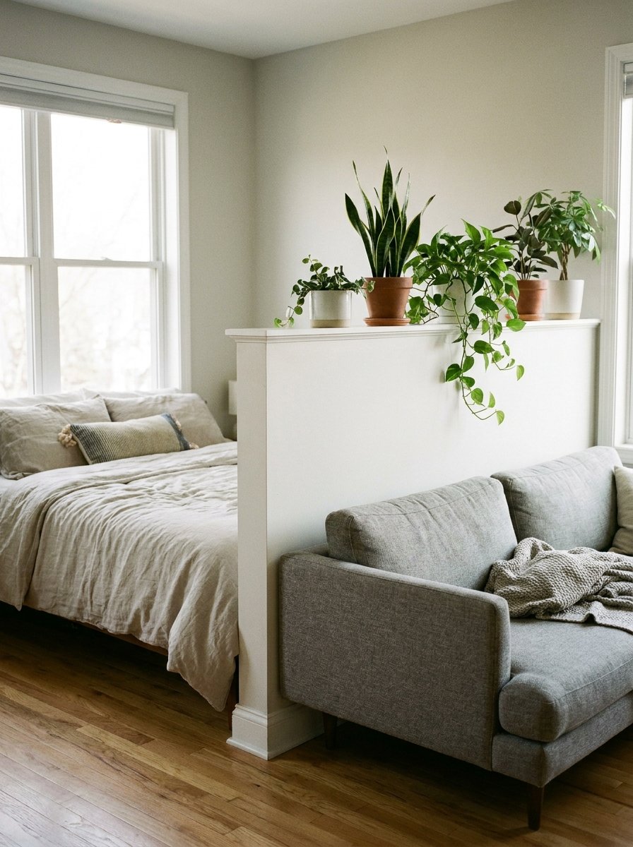 Half-wall room divider in a studio apartment separating the bedroom from the lounge.