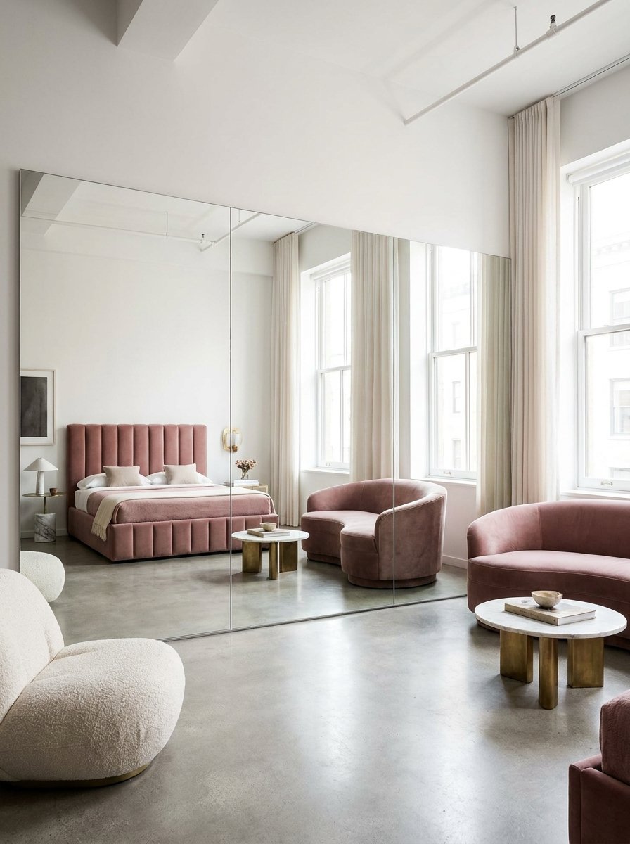 Large mirrors used in a studio apartment to create the illusion of a bigger bedroom space.