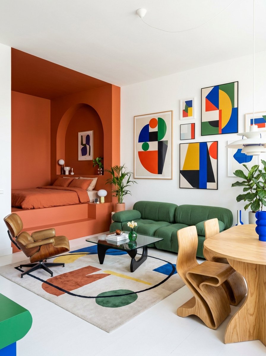 Color-blocked bedroom nook in a studio apartment using bold paint colors for zoning.