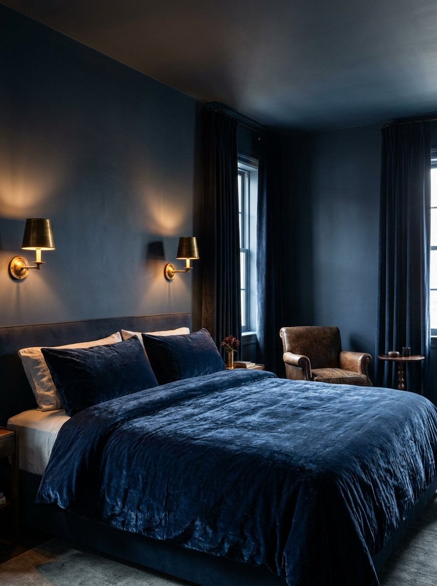 Luxury bedroom with navy blue walls and gold metallic accents.