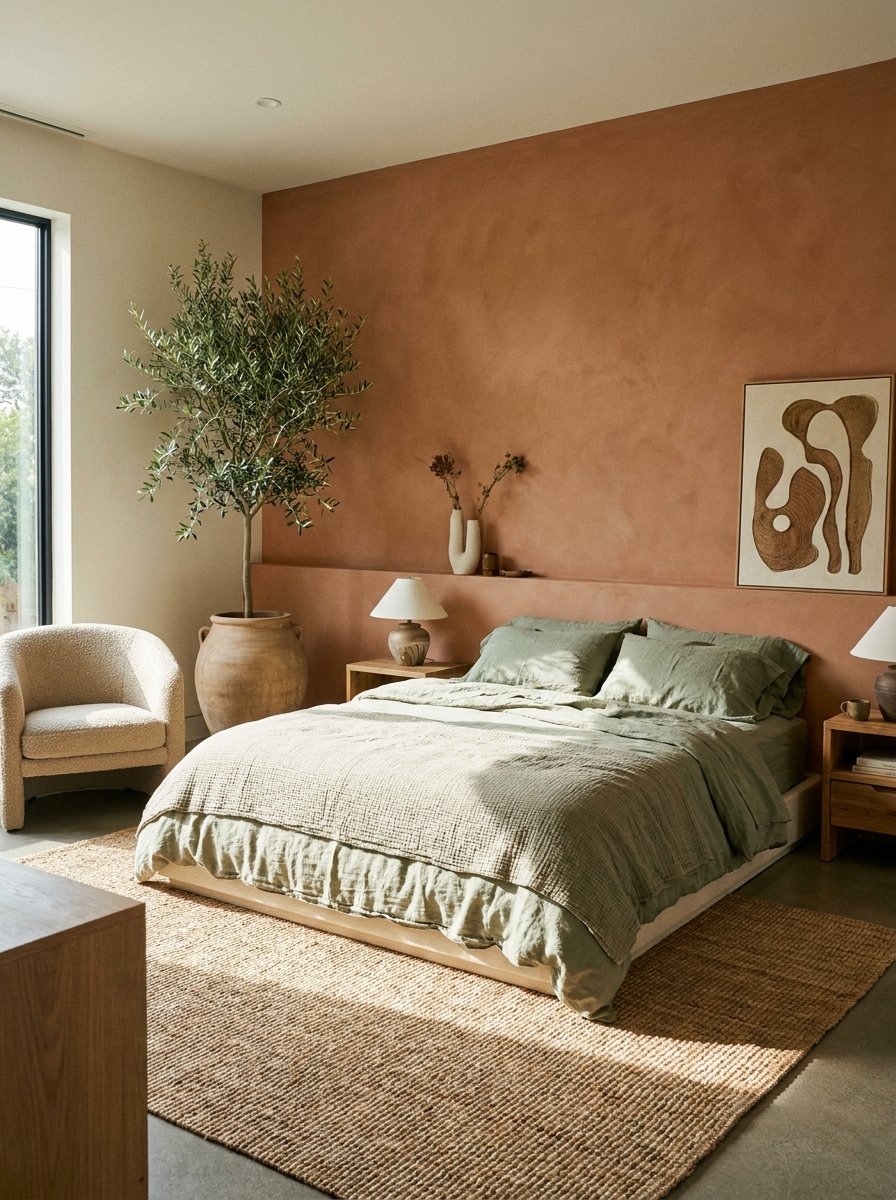 Earthy bedroom decor featuring terracotta and sage green color palette.