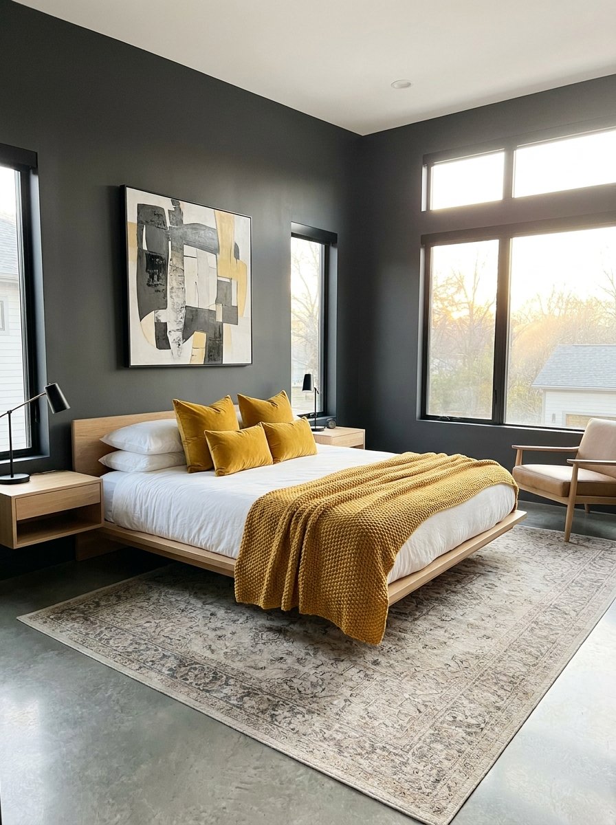 Modern charcoal gray bedroom with bright mustard yellow accents.