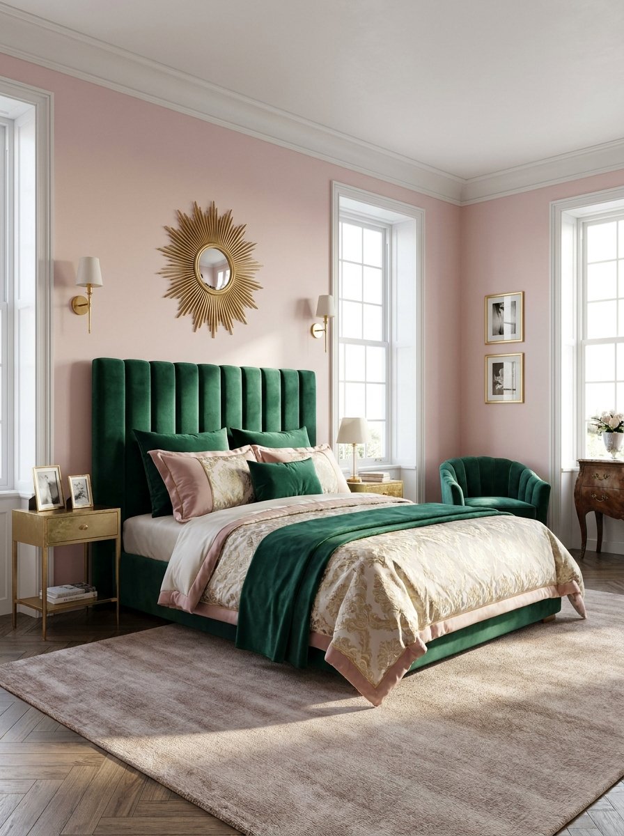 Elegant emerald green and blush pink bedroom interior design.