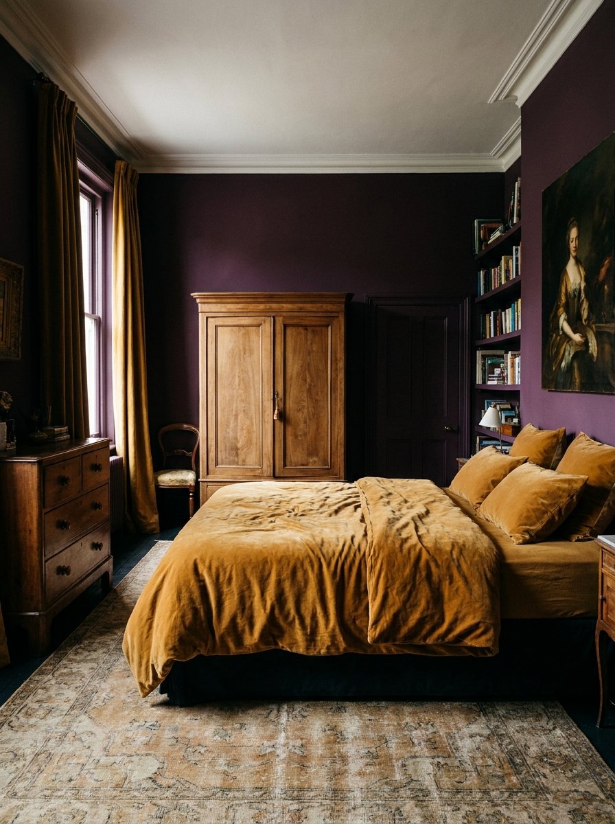 Moody plum and ochre bedroom color scheme with vintage vibes.
