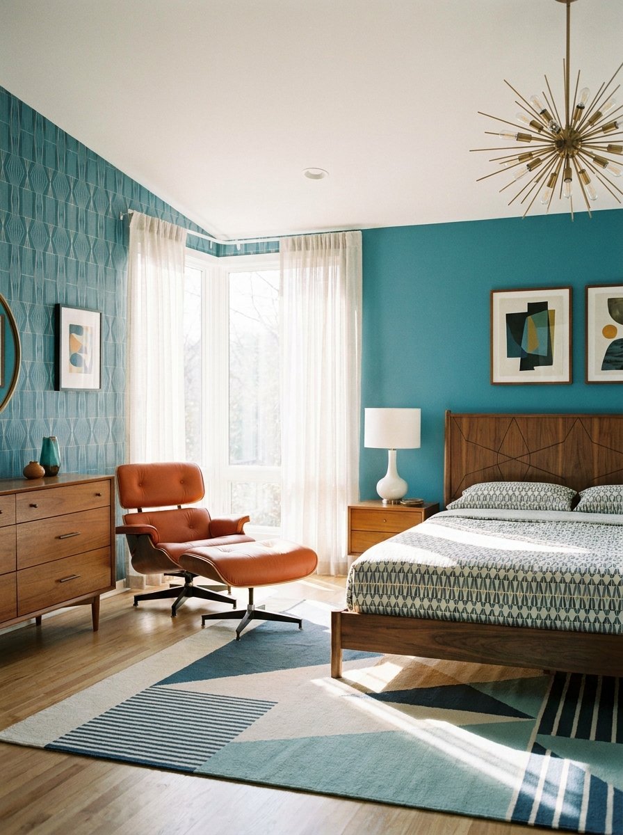 Mid-century modern bedroom with teal and burnt orange decor.