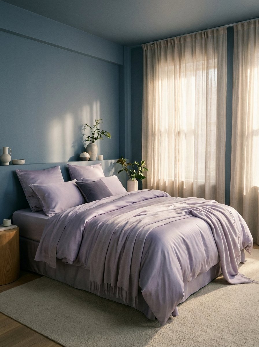 Calming lavender and slate blue bedroom for relaxation.