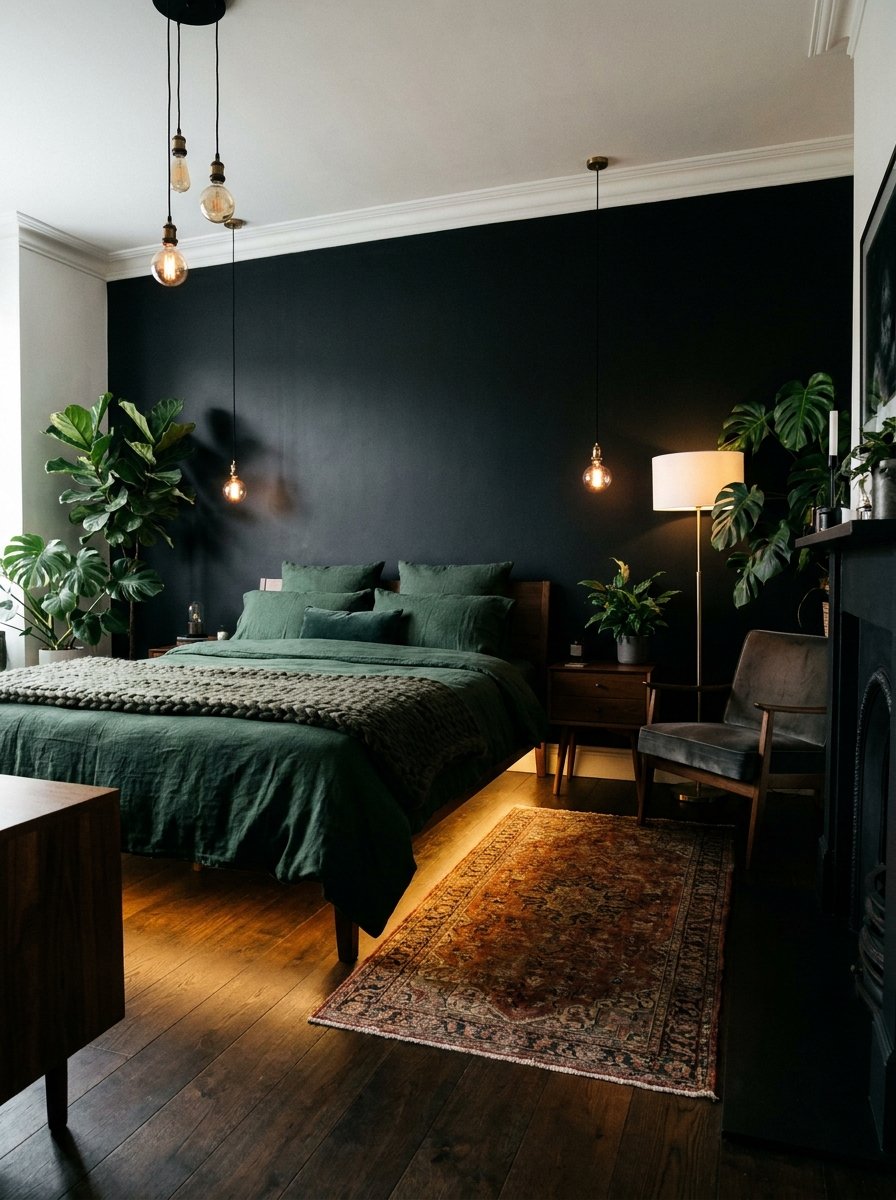 Moody black and forest green bedroom with dark academia aesthetic.